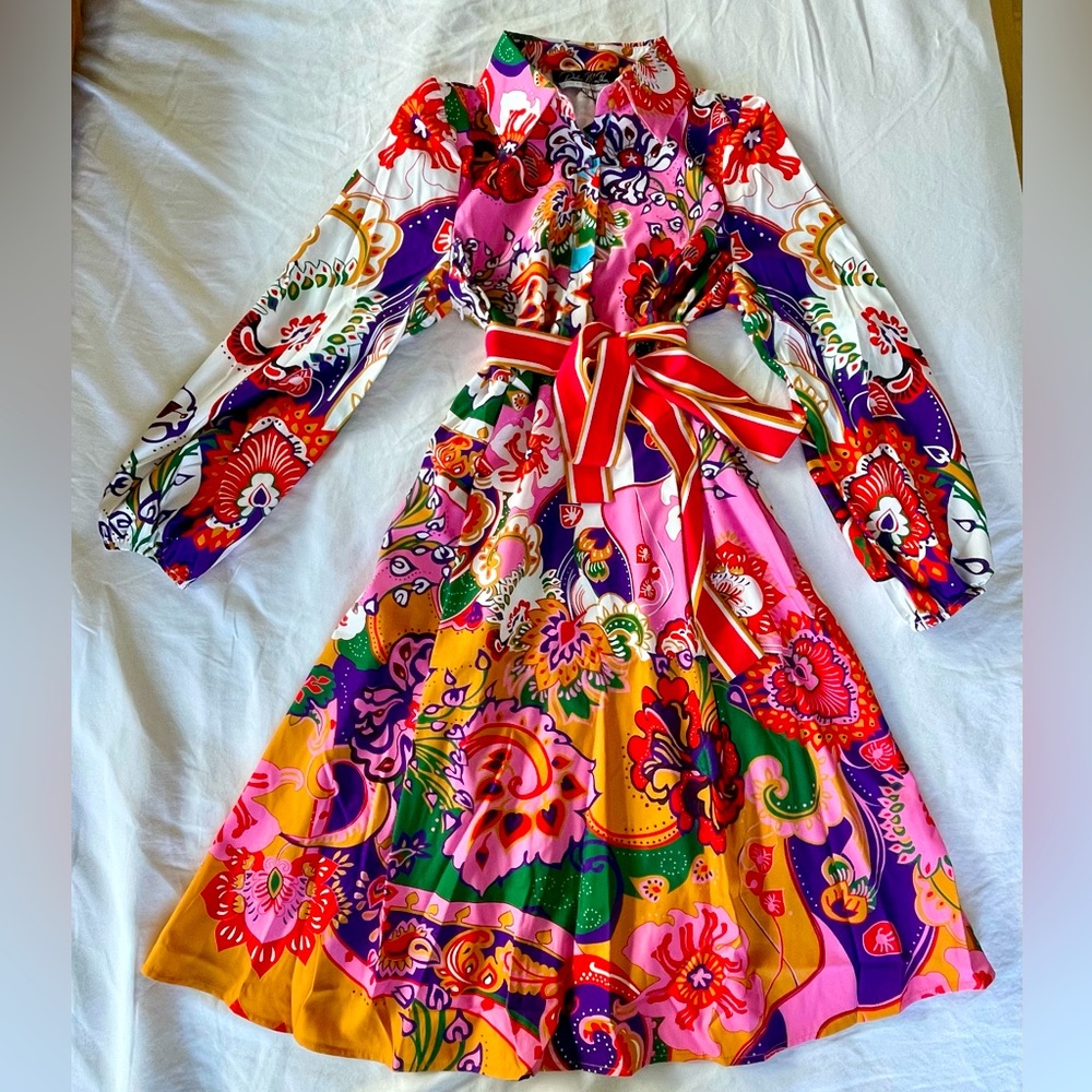 Dalia MacPhee Multicolored Floral Long Sleeve Dress, Size Medium